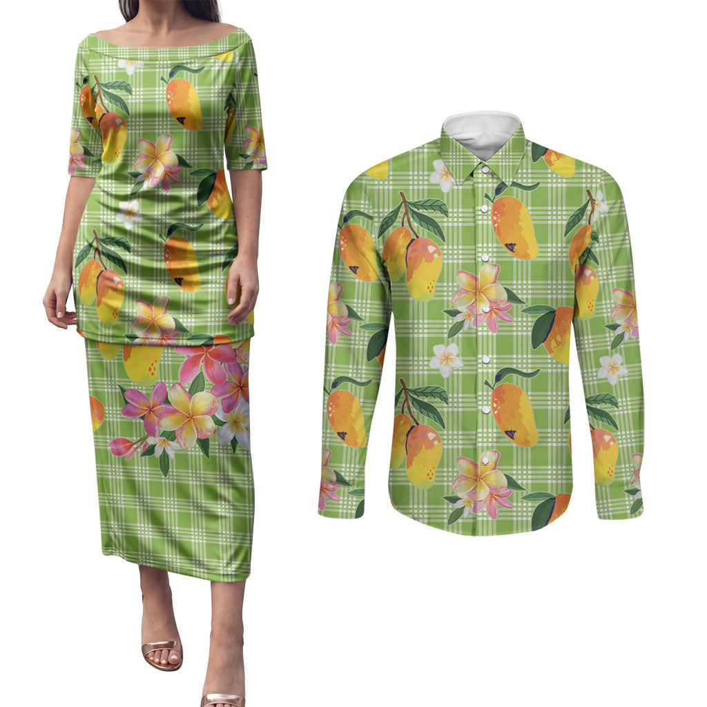 Aloha Hawaii Palaka Print Mango Plumeria Couples Matching Puletasi and Long Sleeve Button Shirt Cool Mint