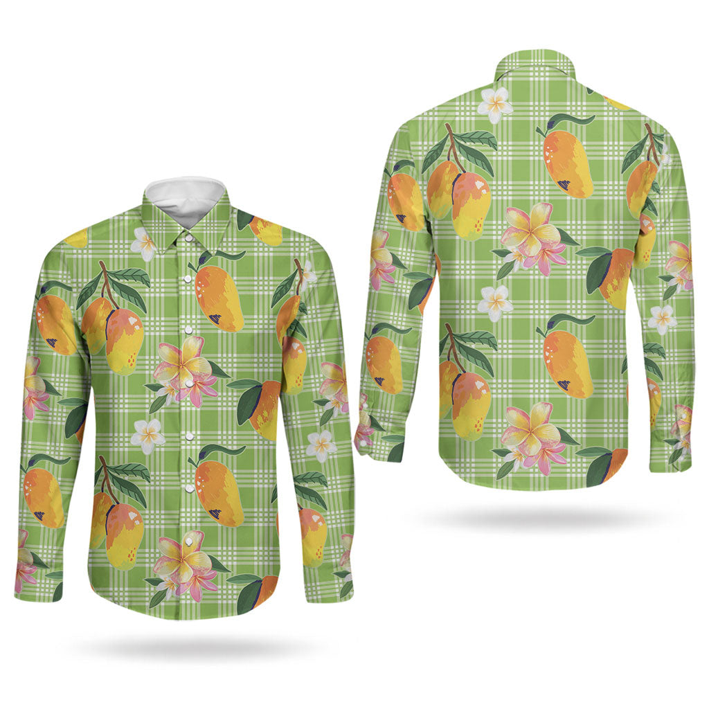 Aloha Hawaii Palaka Print Mango Plumeria Couples Matching Short Sleeve Bodycon Dress and Long Sleeve Button Shirt Cool Mint