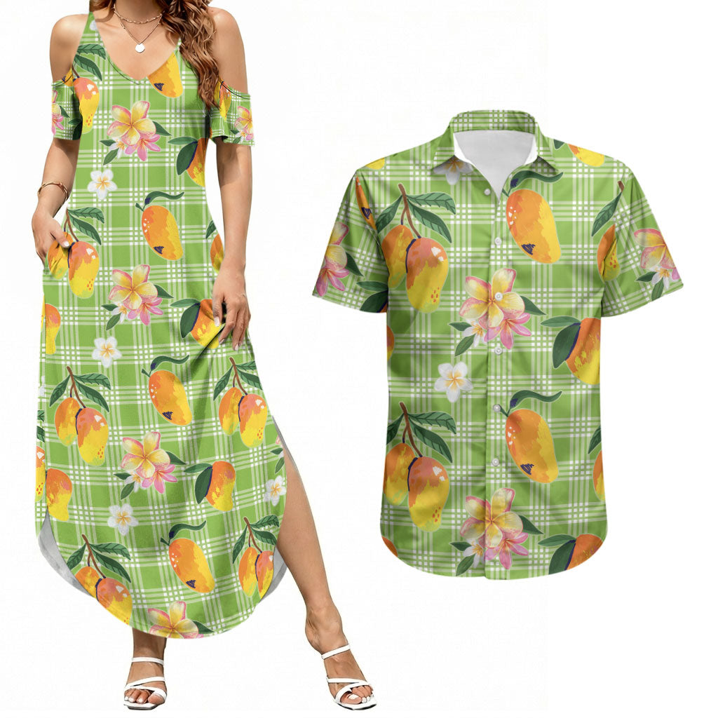 Aloha Hawaii Palaka Print Mango Plumeria Couples Matching Summer Maxi Dress and Hawaiian Shirt Cool Mint