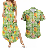 Aloha Hawaii Palaka Print Mango Plumeria Couples Matching Summer Maxi Dress and Hawaiian Shirt Cool Mint