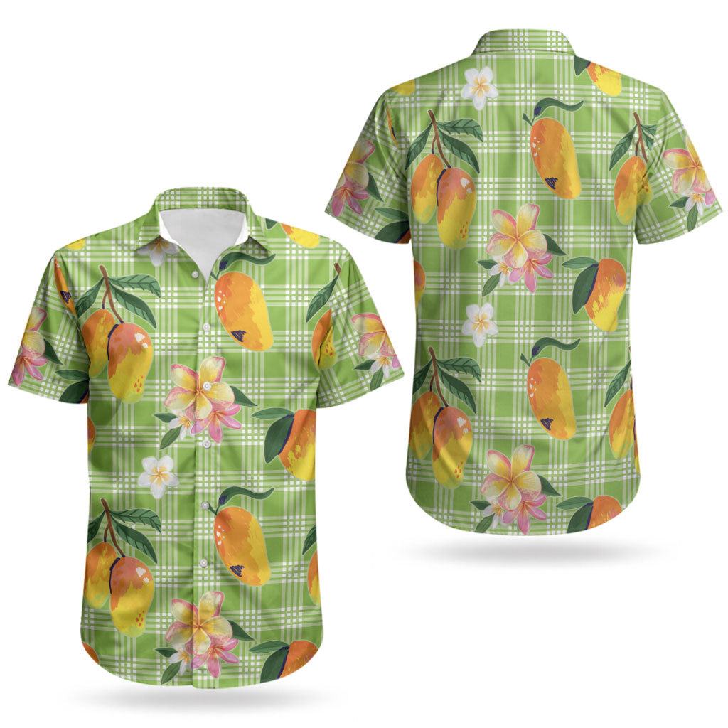 Aloha Hawaii Palaka Print Mango Plumeria Couples Matching Summer Maxi Dress and Hawaiian Shirt Cool Mint