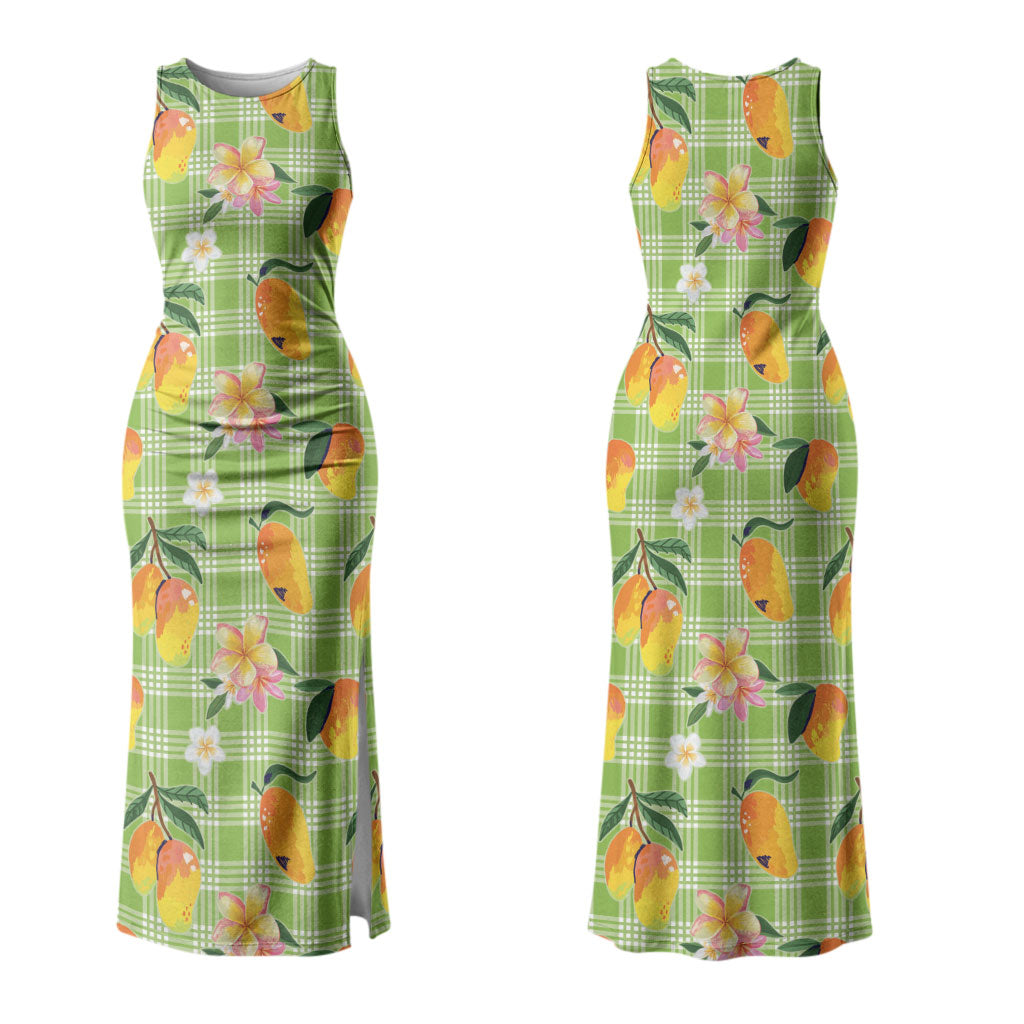 Aloha Hawaii Palaka Print Mango Plumeria Couples Matching Tank Maxi Dress and Hawaiian Shirt Cool Mint