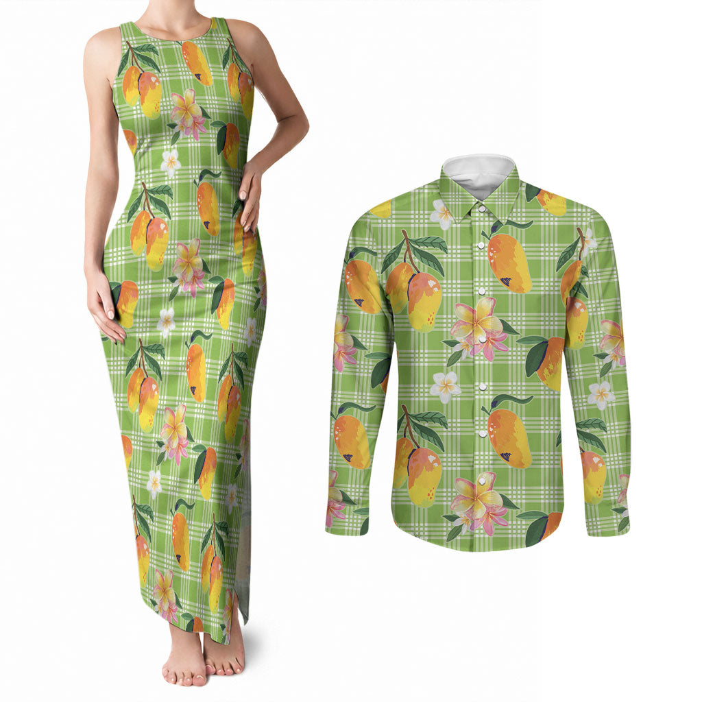 Aloha Hawaii Palaka Print Mango Plumeria Couples Matching Tank Maxi Dress and Long Sleeve Button Shirt Cool Mint