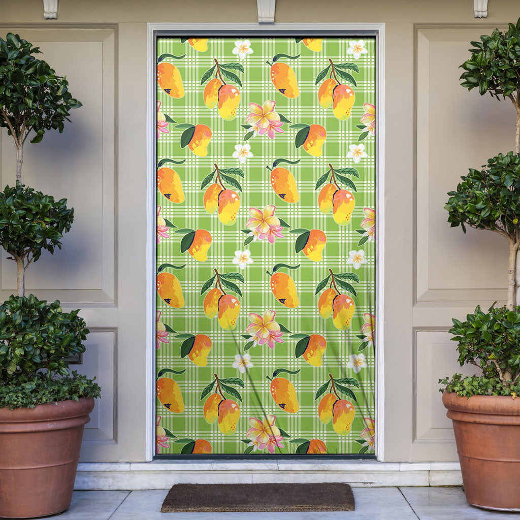 Aloha Hawaii Palaka Print Mango Plumeria Door Cover Cool Mint