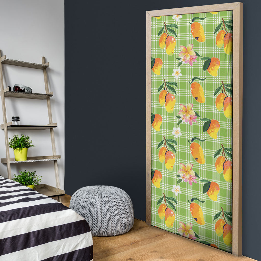 Aloha Hawaii Palaka Print Mango Plumeria Door Cover Cool Mint