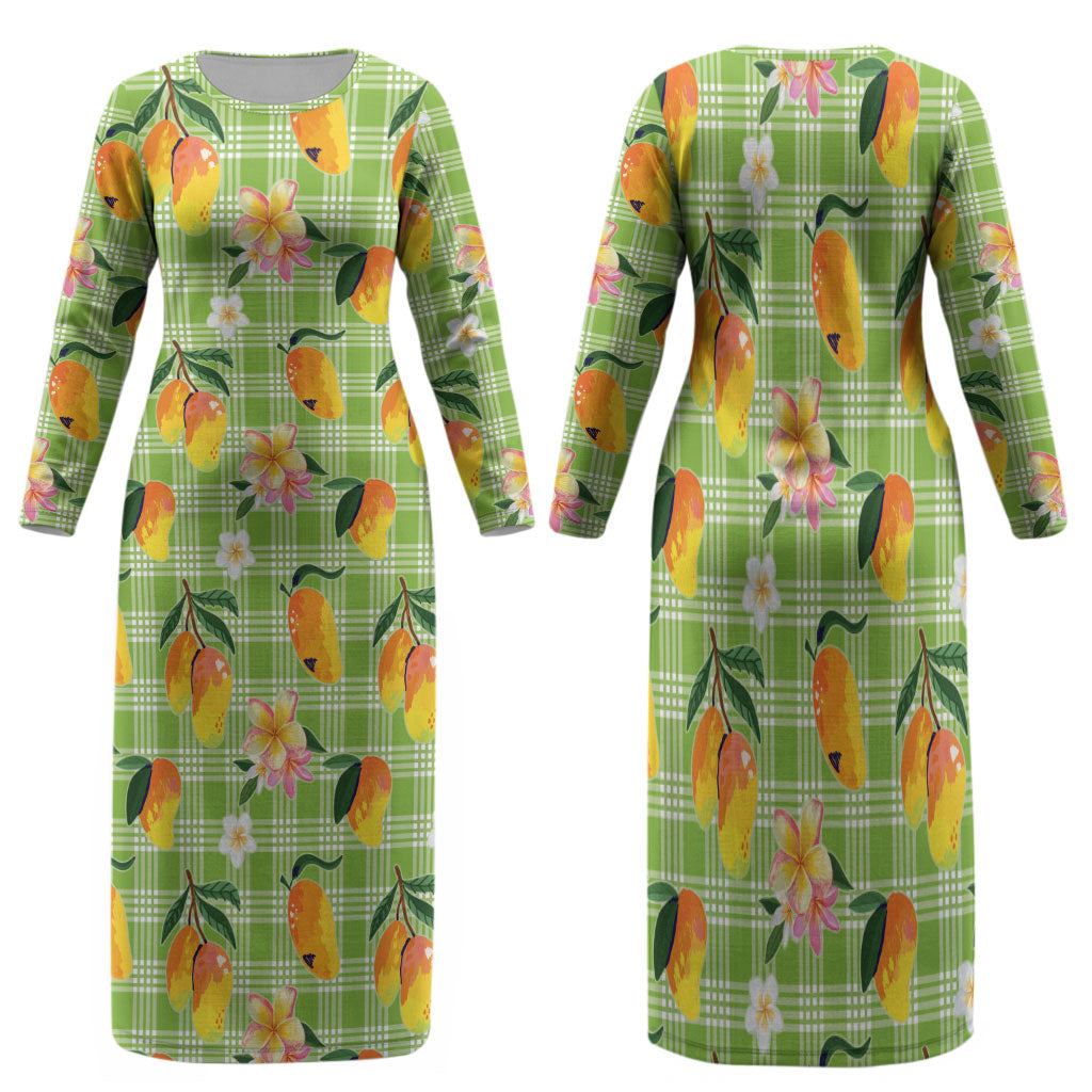 Aloha Hawaii Palaka Print Mango Plumeria Family Matching Long Sleeve Bodycon Dress and Hawaiian Shirt Cool Mint