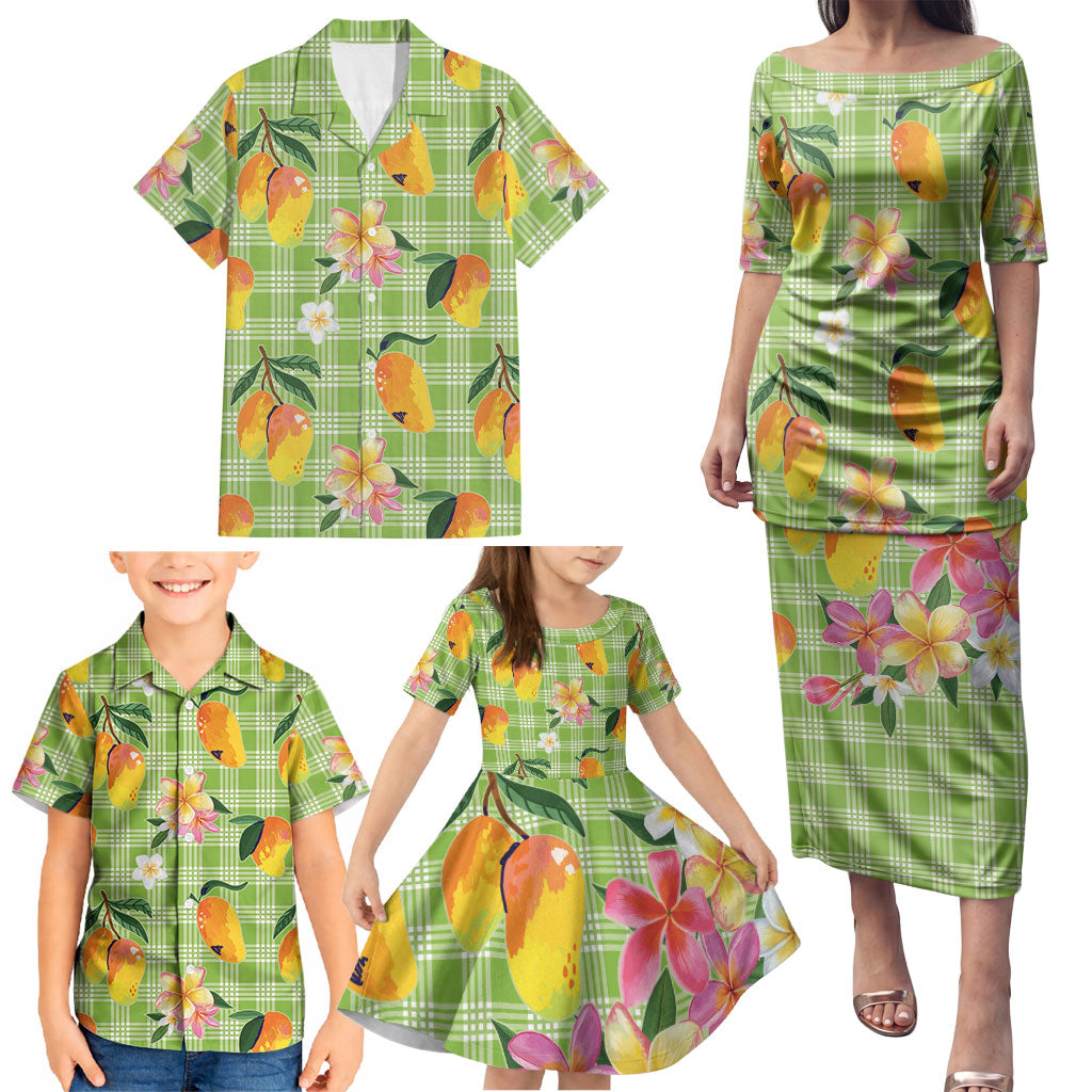 Aloha Hawaii Palaka Print Mango Plumeria Family Matching Puletasi and Hawaiian Shirt Cool Mint