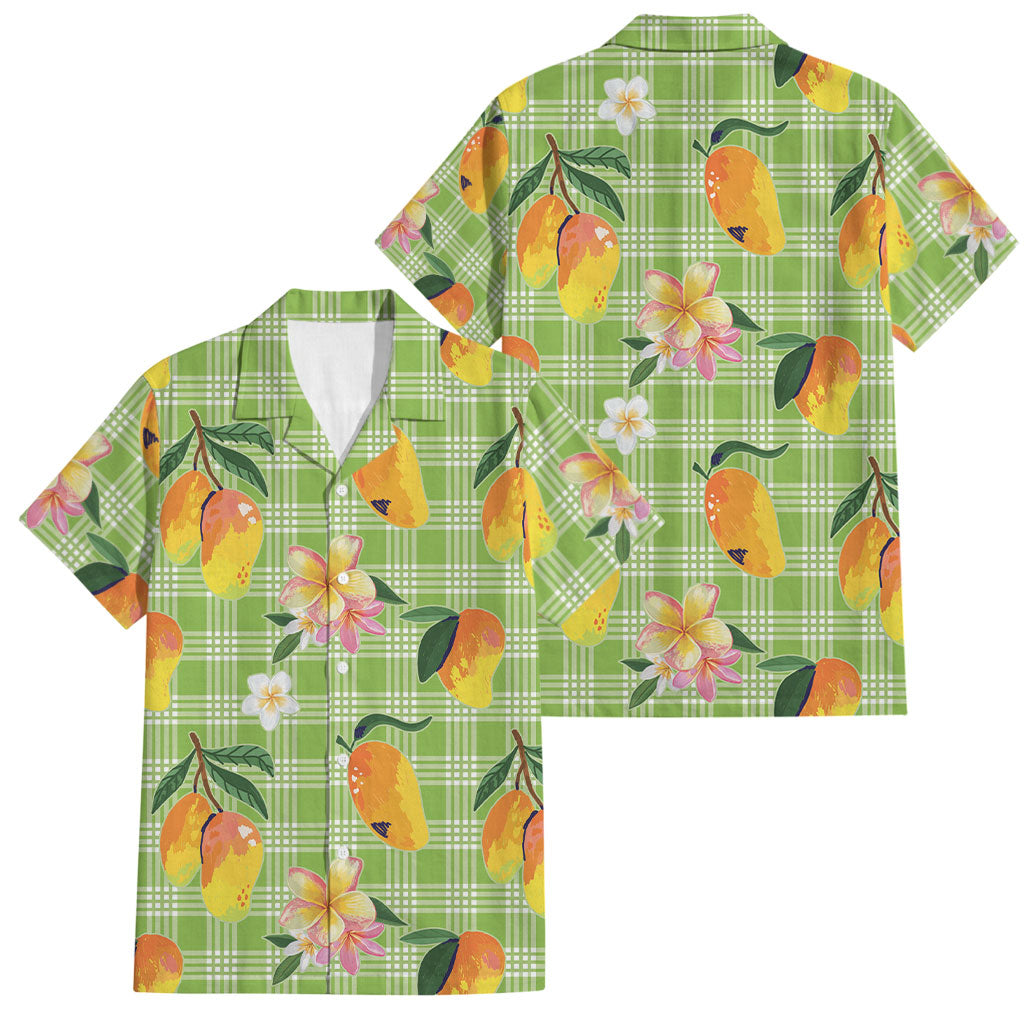 Aloha Hawaii Palaka Print Mango Plumeria Family Matching Puletasi and Hawaiian Shirt Cool Mint