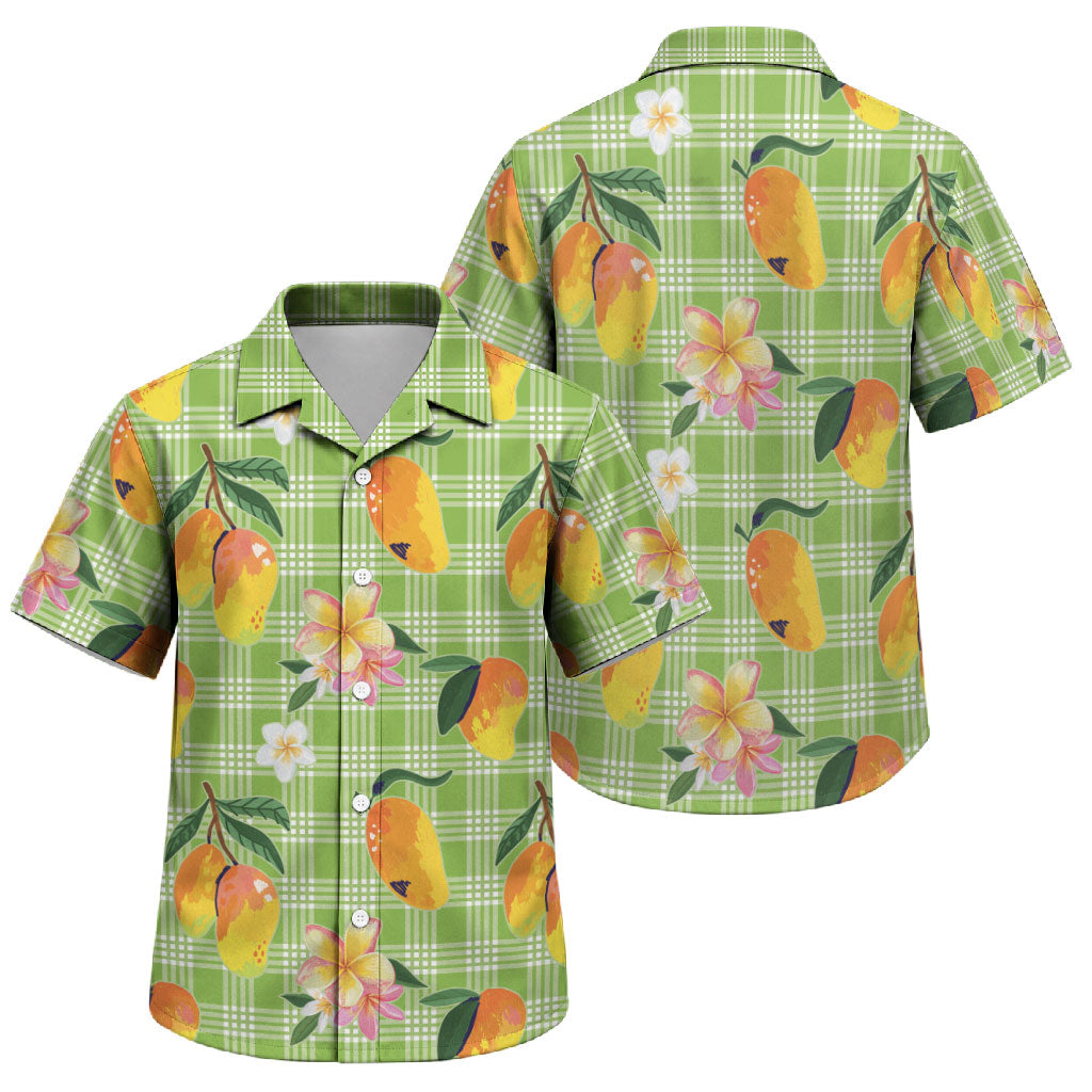 Aloha Hawaii Palaka Print Mango Plumeria Family Matching Puletasi and Hawaiian Shirt Cool Mint