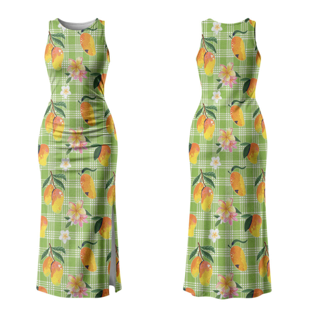 Aloha Hawaii Palaka Print Mango Plumeria Family Matching Tank Maxi Dress and Hawaiian Shirt Cool Mint