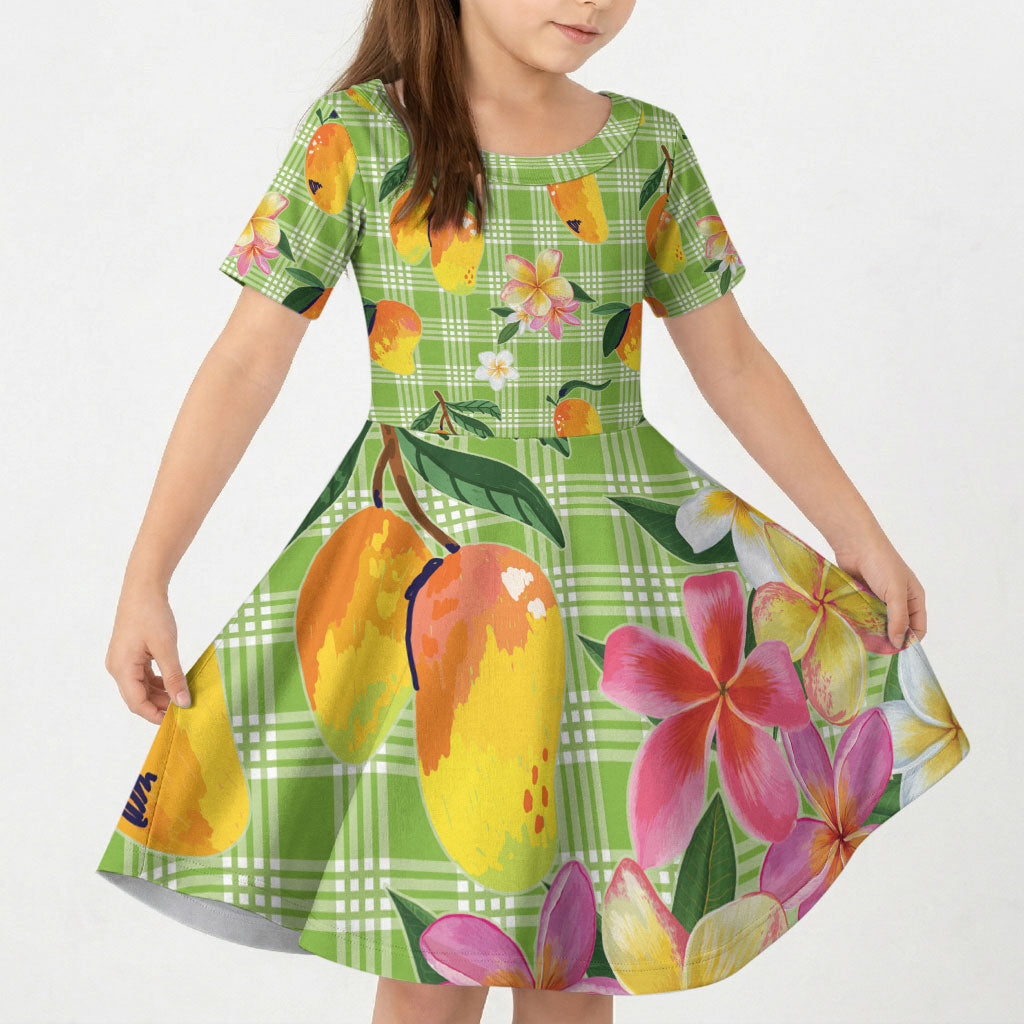 Aloha Hawaii Palaka Print Mango Plumeria Kid Short Sleeve Dress Cool Mint
