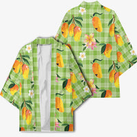 Aloha Hawaii Palaka Print Mango Plumeria Kimono Cool Mint