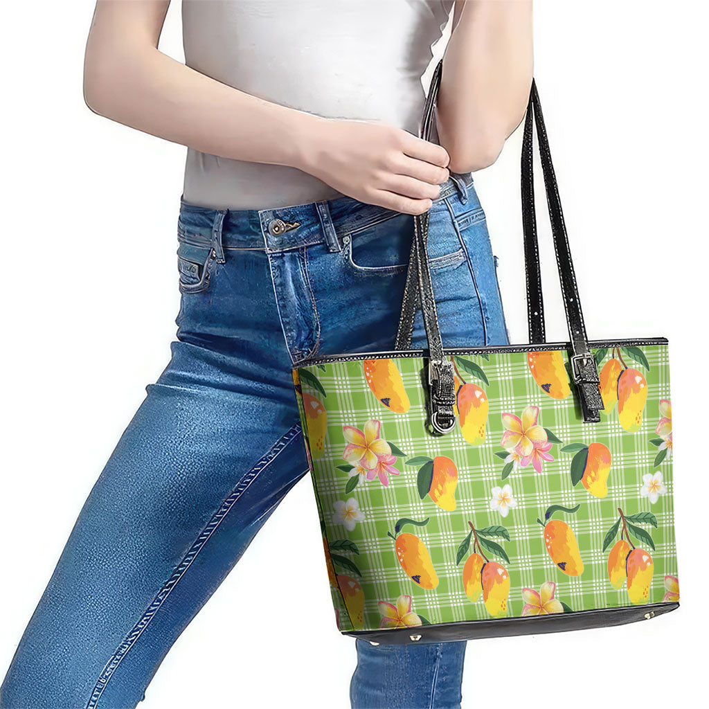 Aloha Hawaii Palaka Print Mango Plumeria Leather Tote Bag Cool Mint