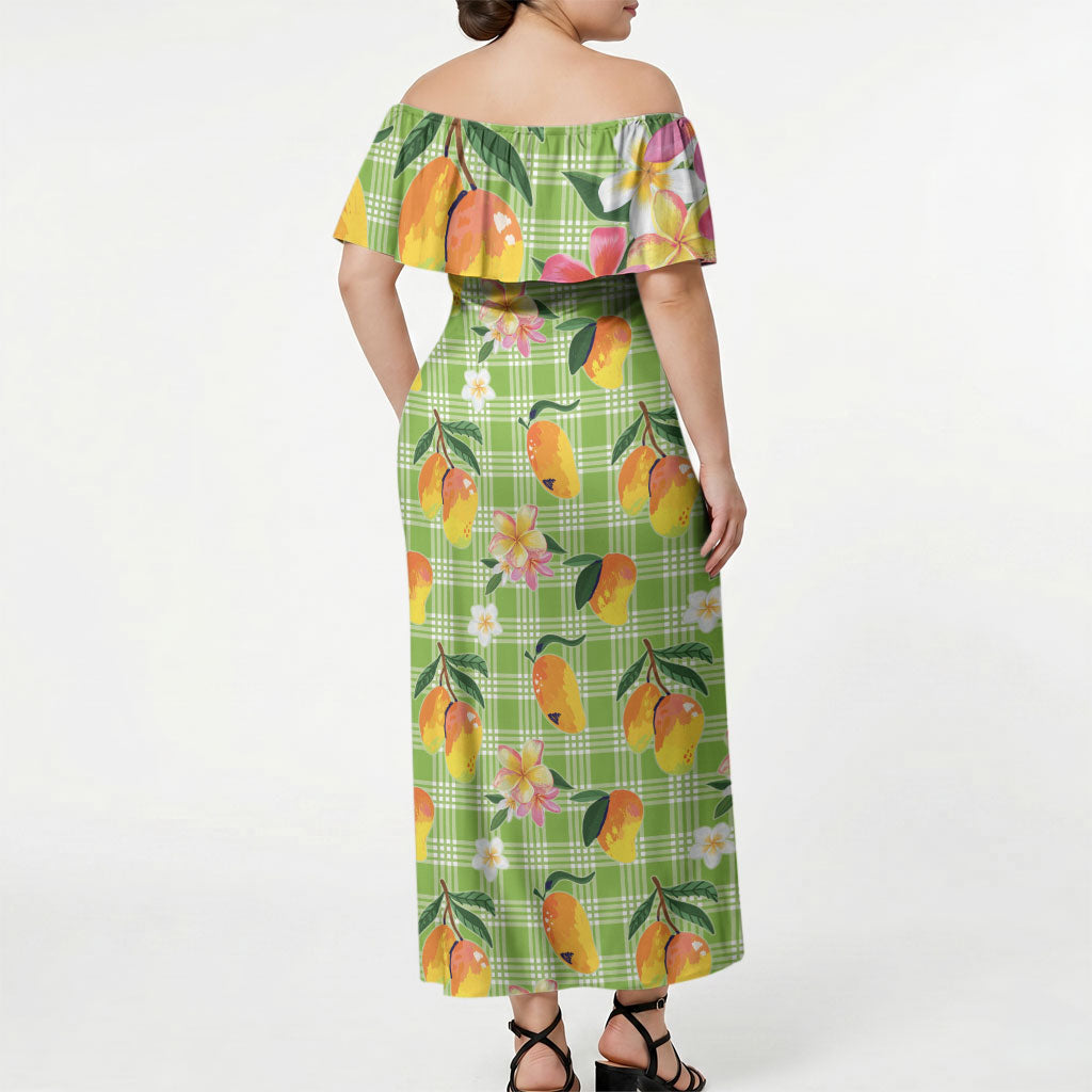 Aloha Hawaii Palaka Print Mango Plumeria Off Shoulder Maxi Dress Cool Mint