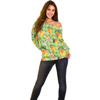 Aloha Hawaii Palaka Print Mango Plumeria Off Shoulder Sweater Cool Mint
