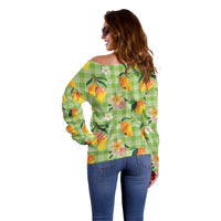 Aloha Hawaii Palaka Print Mango Plumeria Off Shoulder Sweater Cool Mint