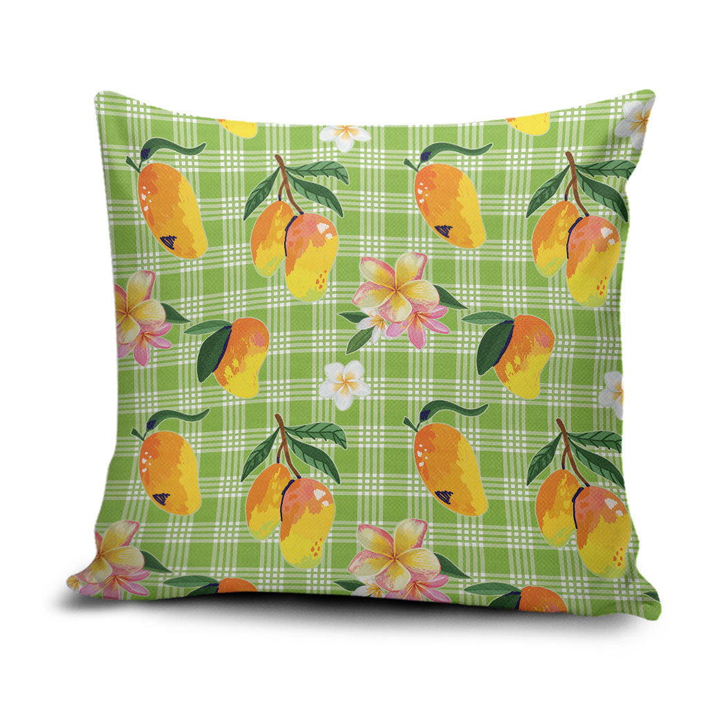 Aloha Hawaii Palaka Print Mango Plumeria Pillow Cover Cool Mint