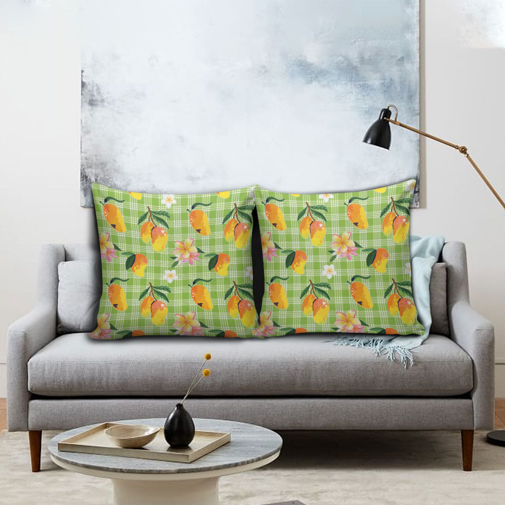 Aloha Hawaii Palaka Print Mango Plumeria Pillow Cover Cool Mint