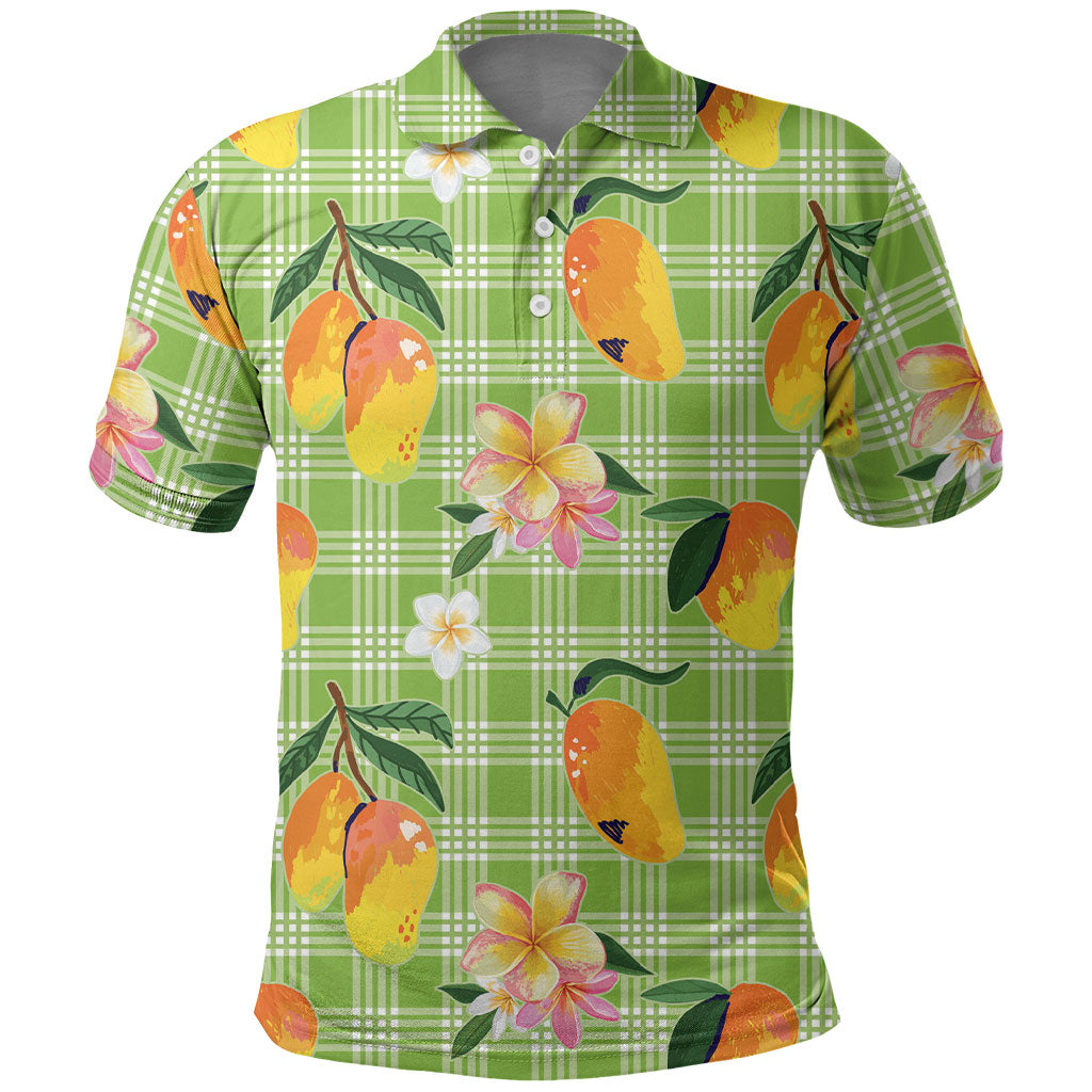 Aloha Hawaii Palaka Print Mango Plumeria Polo Shirt Cool Mint