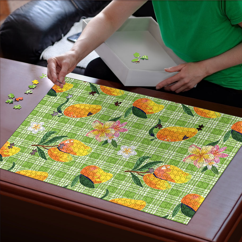 Aloha Hawaii Palaka Print Mango Plumeria Puzzle Cool Mint