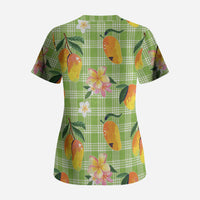 Aloha Hawaii Palaka Print Mango Plumeria Scrub Top Cool Mint