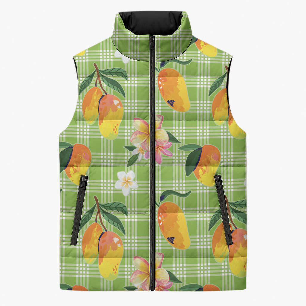 Aloha Hawaii Palaka Print Mango Plumeria Sleeveless Puffer Jacket Cool Mint