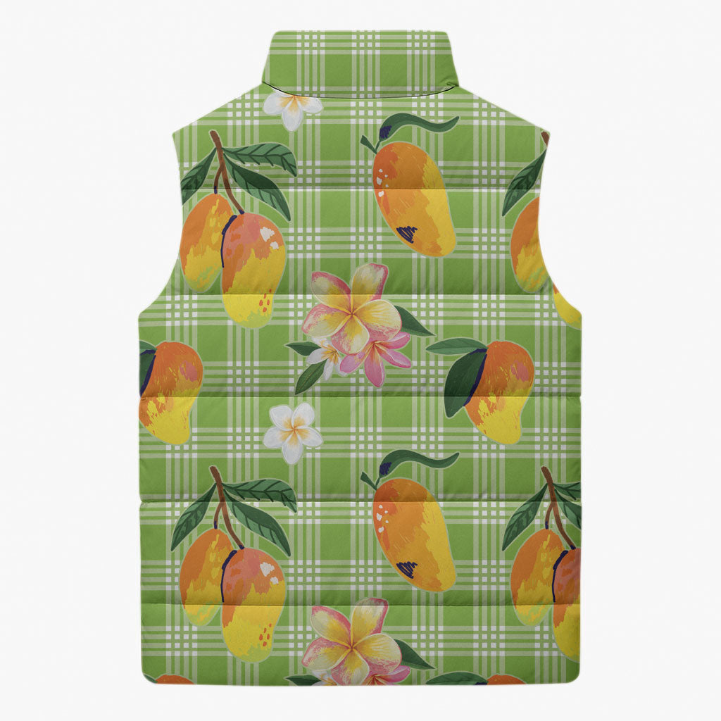 Aloha Hawaii Palaka Print Mango Plumeria Sleeveless Puffer Jacket Cool Mint