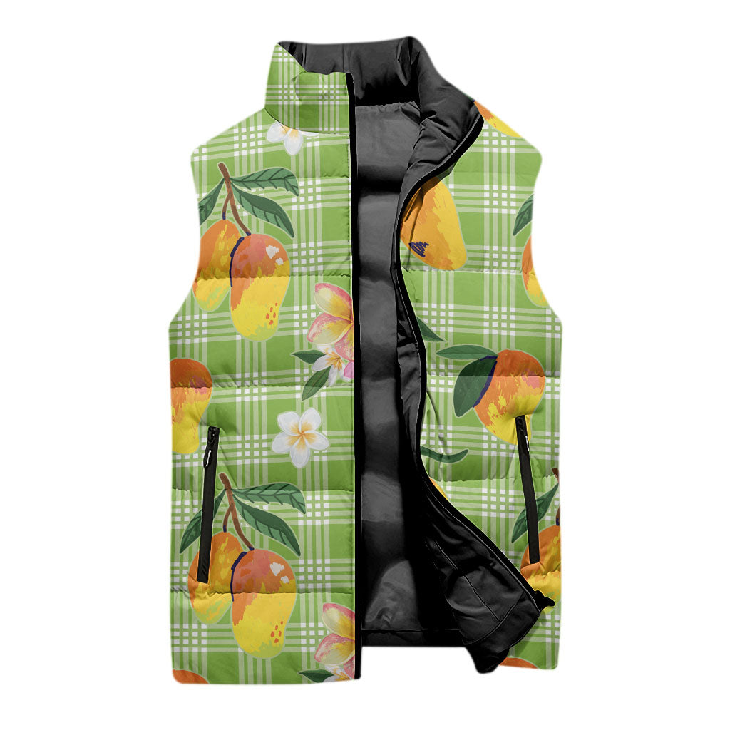 Aloha Hawaii Palaka Print Mango Plumeria Sleeveless Puffer Jacket Cool Mint