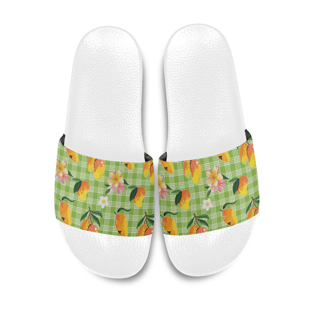 Aloha Hawaii Palaka Print Mango Plumeria Slide Sandals Cool Mint