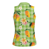 Aloha Hawaii Palaka Print Mango Plumeria Women Sleeveless Polo Shirt Cool Mint