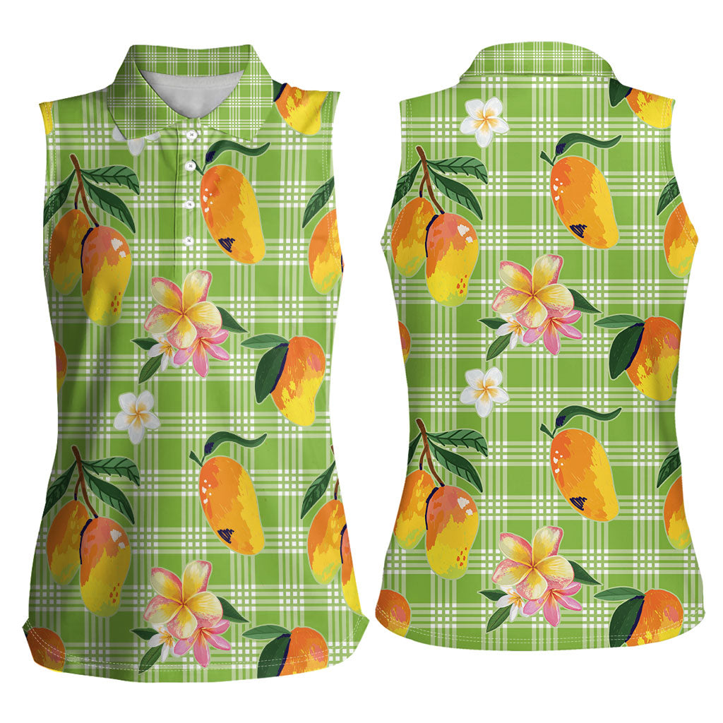 Aloha Hawaii Palaka Print Mango Plumeria Women Sleeveless Polo Shirt Cool Mint