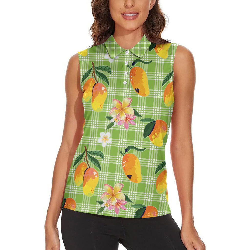 Aloha Hawaii Palaka Print Mango Plumeria Women Sleeveless Polo Shirt Cool Mint