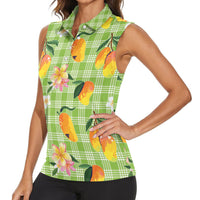 Aloha Hawaii Palaka Print Mango Plumeria Women Sleeveless Polo Shirt Cool Mint
