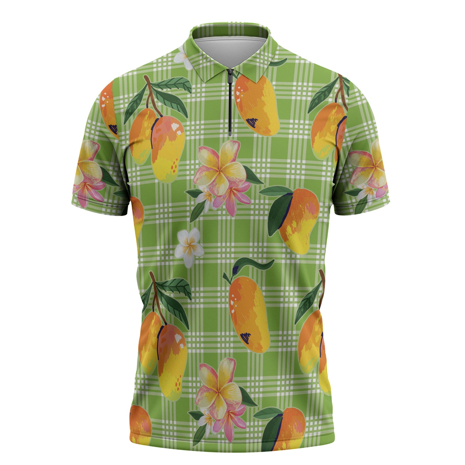 Aloha Hawaii Palaka Print Mango Plumeria Zipper Polo Shirt Cool Mint