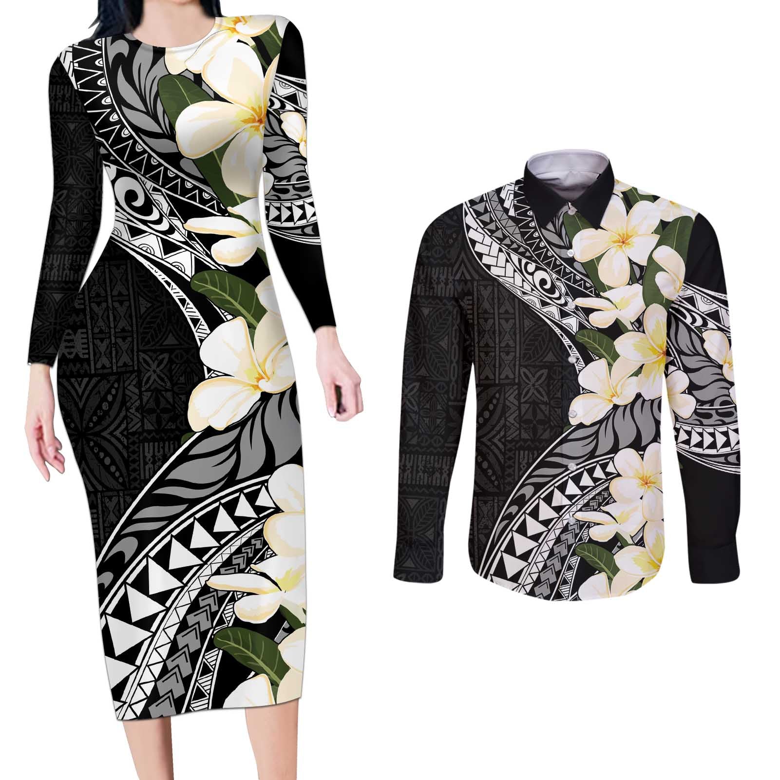 Aloha Hawaii Festive Couples Matching Long Sleeve Bodycon Dress and Long Sleeve Button Shirt Frangipani Lace Classic