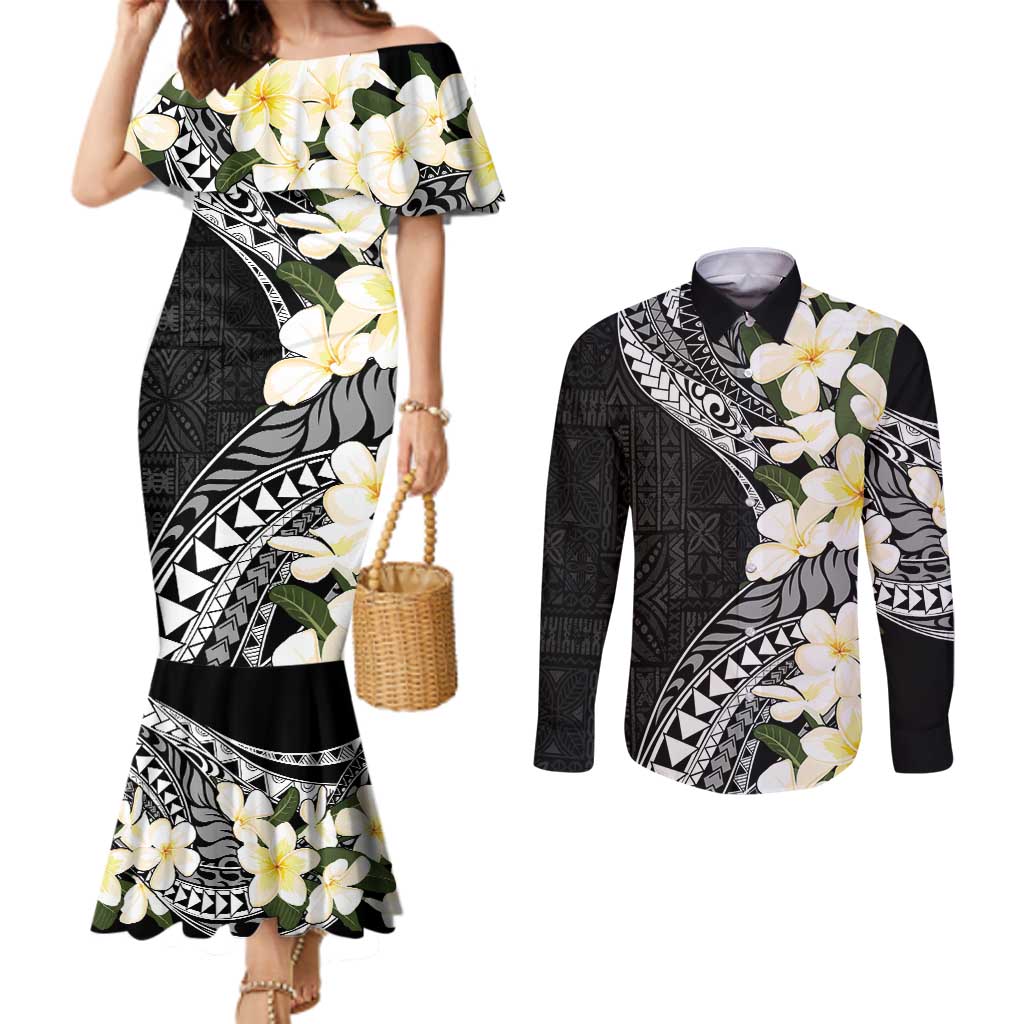 Aloha Hawaii Festive Couples Matching Mermaid Dress and Long Sleeve Button Shirt Frangipani Lace Classic