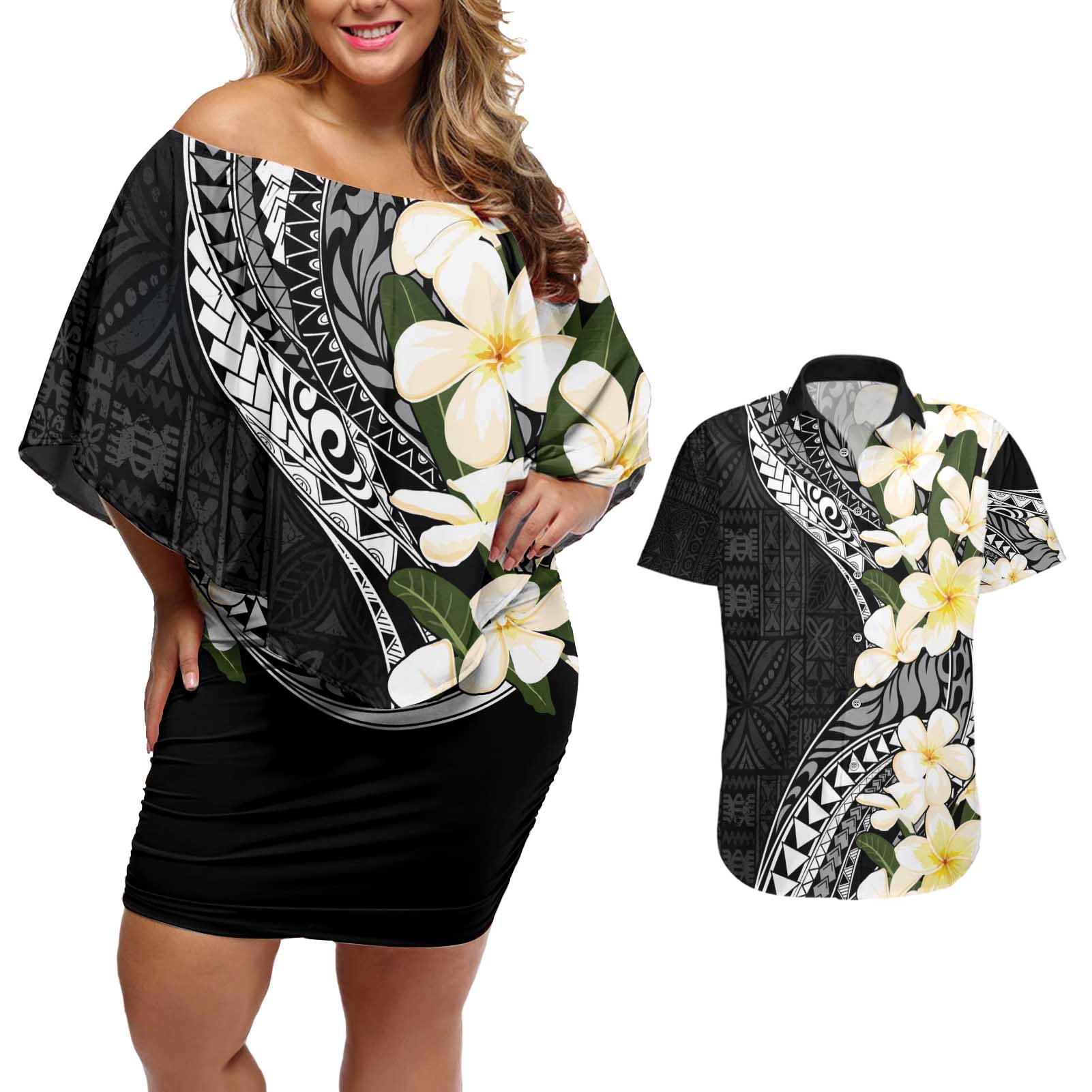 Aloha Hawaii Festive Couples Matching Off Shoulder Short Dress and Hawaiian Shirt Frangipani Lace Classic