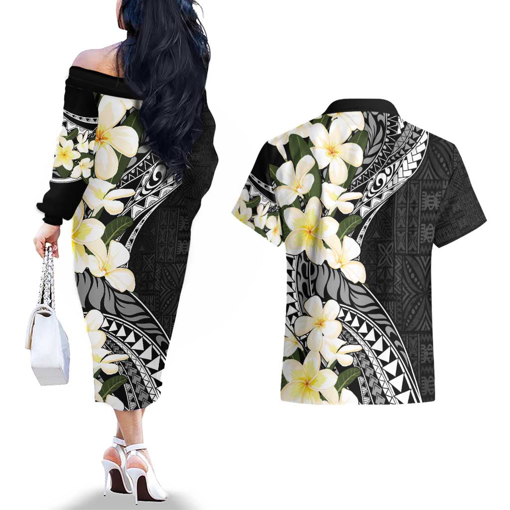 Aloha Hawaii Festive Couples Matching Off The Shoulder Long Sleeve Dress and Hawaiian Shirt Frangipani Lace Classic