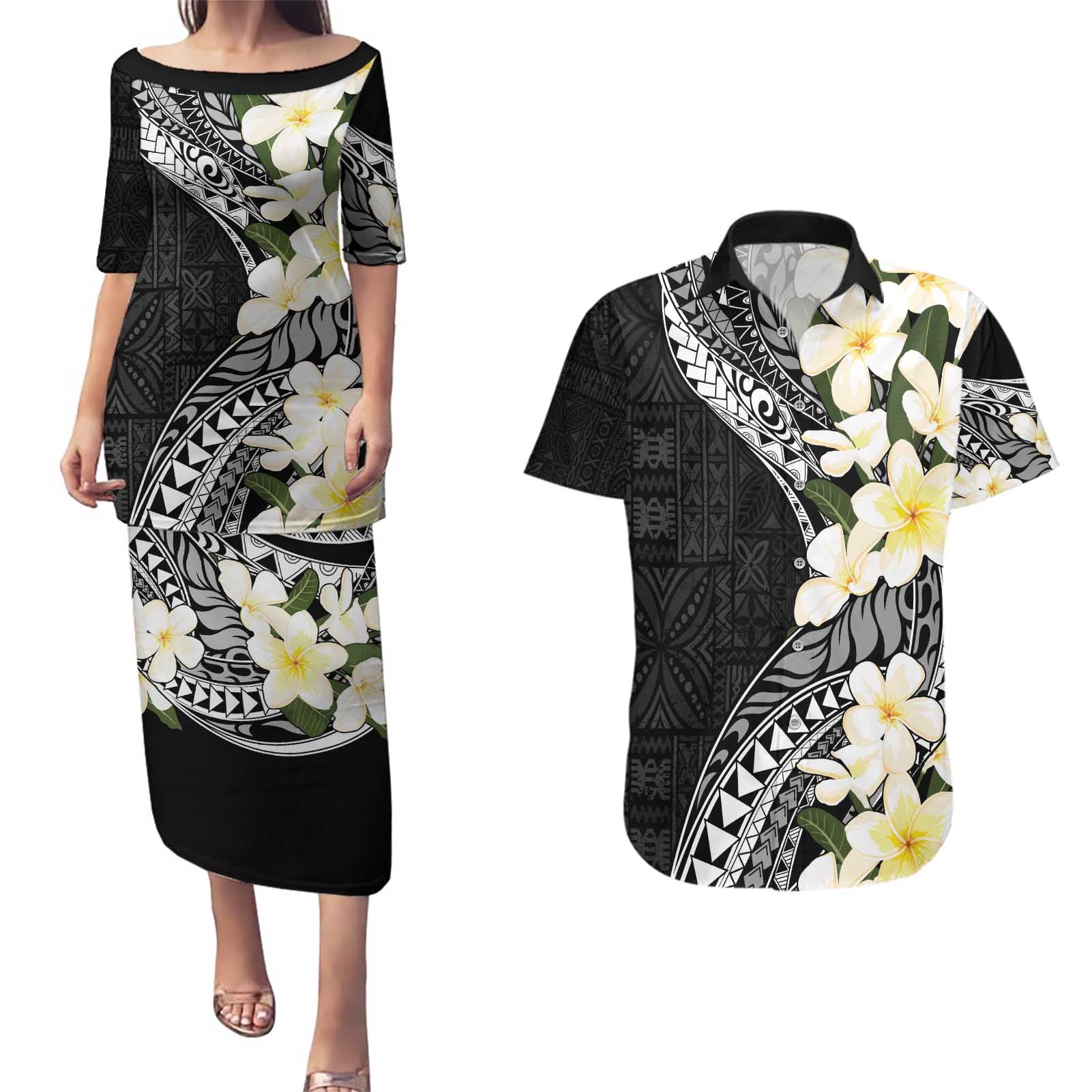 Aloha Hawaii Festive Couples Matching Puletasi and Hawaiian Shirt Frangipani Lace Classic