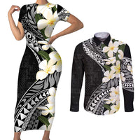 Aloha Hawaii Festive Couples Matching Short Sleeve Bodycon Dress and Long Sleeve Button Shirt Frangipani Lace Classic