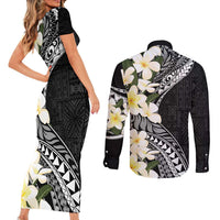 Aloha Hawaii Festive Couples Matching Short Sleeve Bodycon Dress and Long Sleeve Button Shirt Frangipani Lace Classic