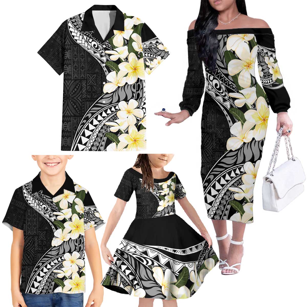 Aloha Hawaii Festive Family Matching Off The Shoulder Long Sleeve Dress and Hawaiian Shirt Frangipani Lace Classic LT7 - Polynesian Pride