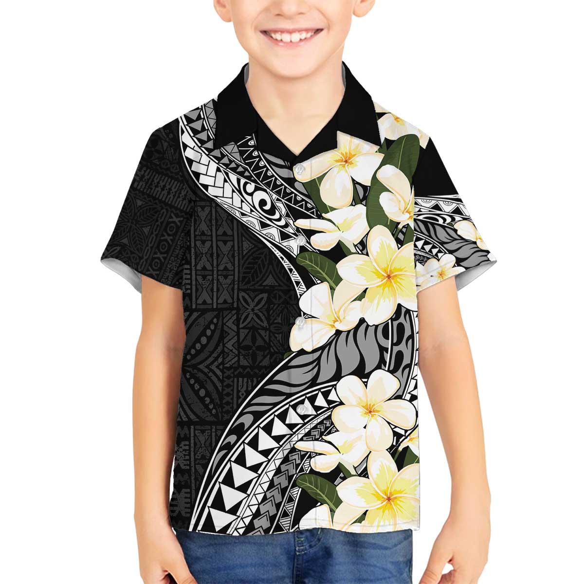 Aloha Hawaii Festive Family Matching Off Shoulder Short Dress and Hawaiian Shirt Frangipani Lace Classic LT7 Son's Shirt Black - Polynesian Pride
