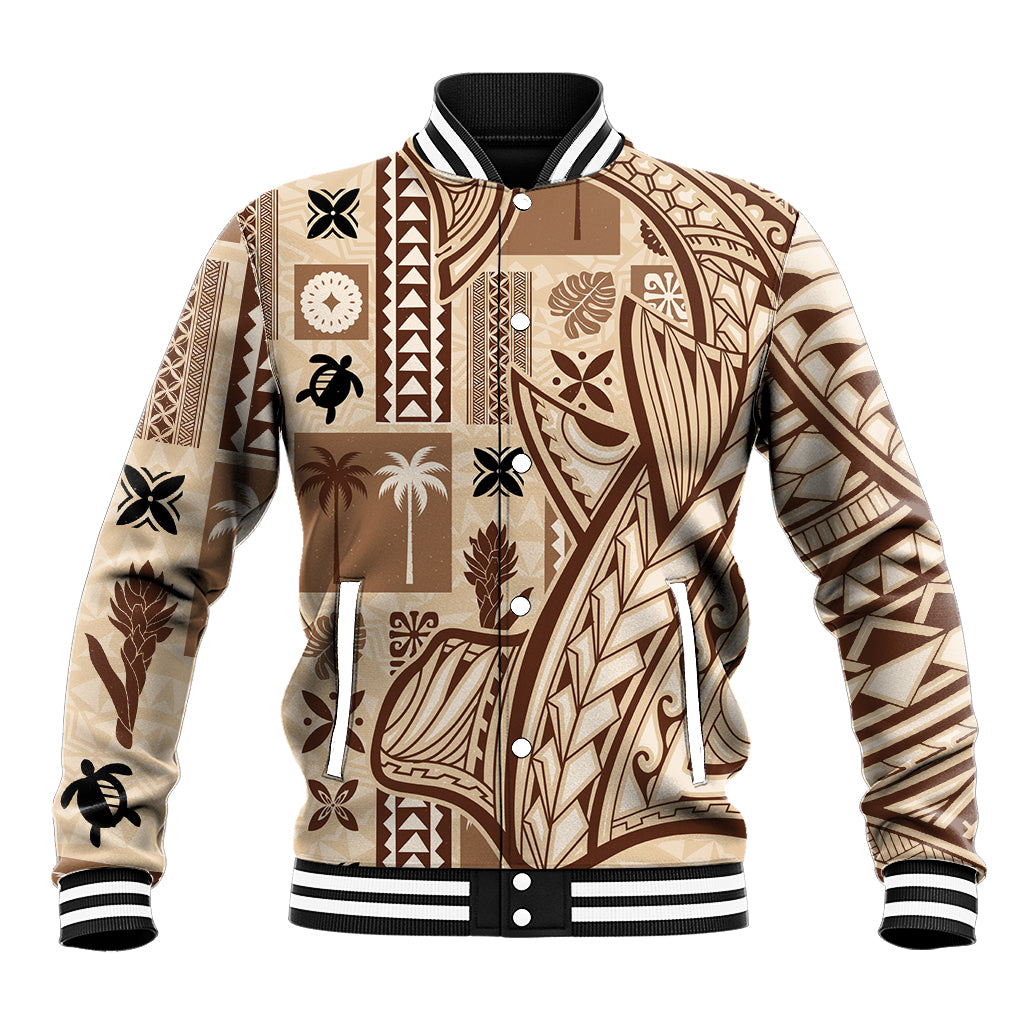 Samoa Tapa Baseball Jacket Siapo Mix Tatau Patterns LT7 Unisex Beige - Polynesian Pride