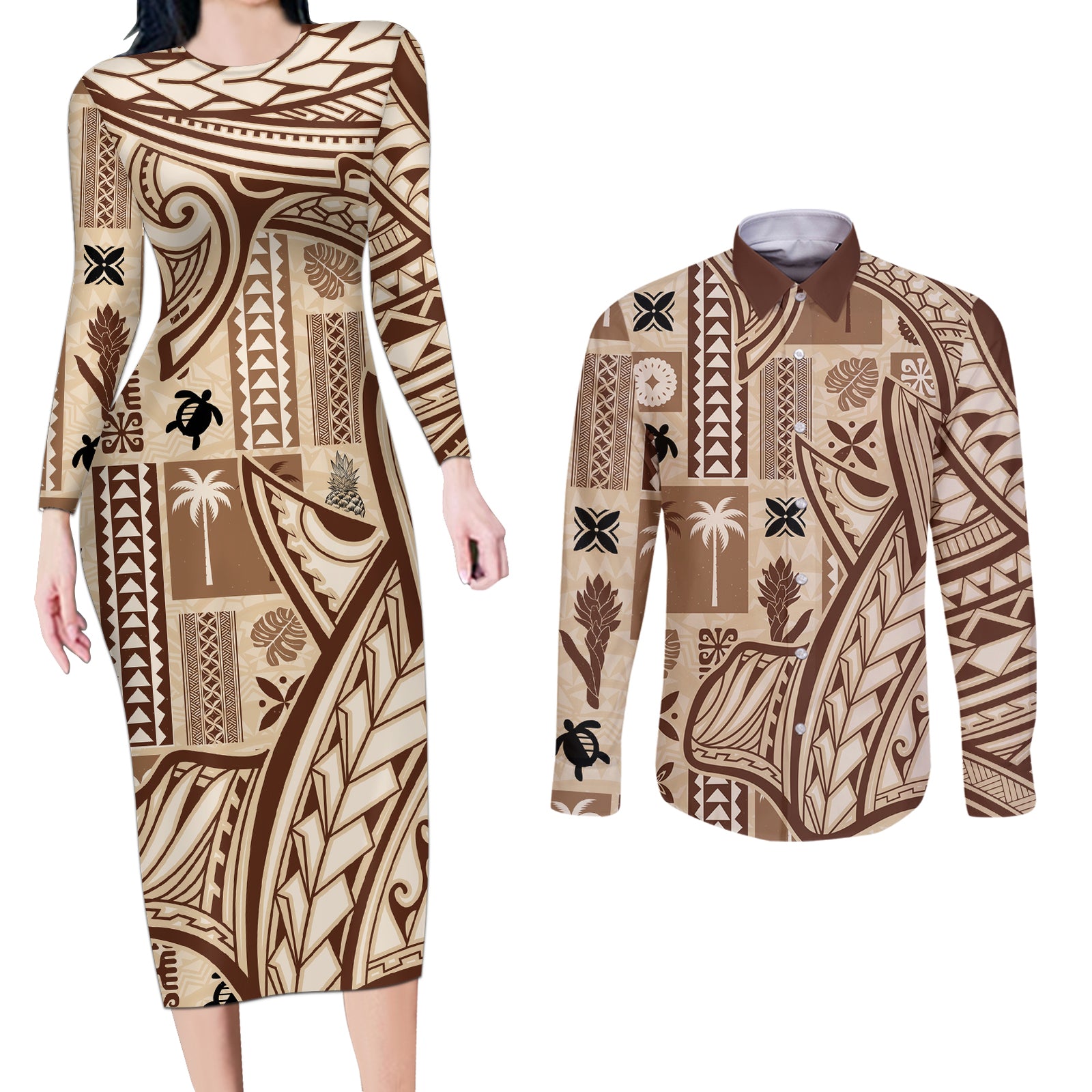 Samoa Tapa Couples Matching Long Sleeve Bodycon Dress and Long Sleeve Button Shirt Siapo Mix Tatau Patterns LT7 Beige - Polynesian Pride