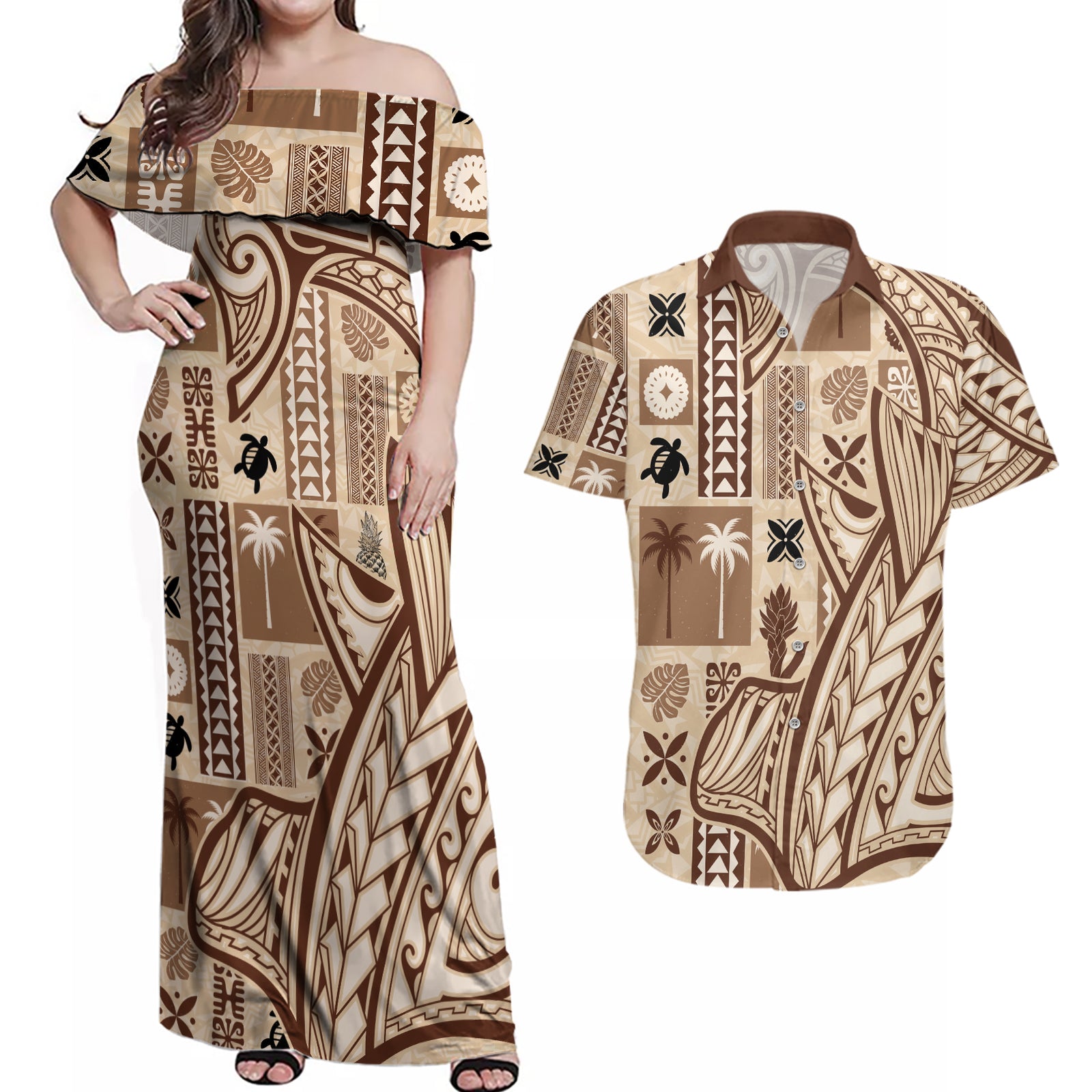 Samoa Tapa Couples Matching Off Shoulder Maxi Dress and Hawaiian Shirt Siapo Mix Tatau Patterns LT7 Beige - Polynesian Pride