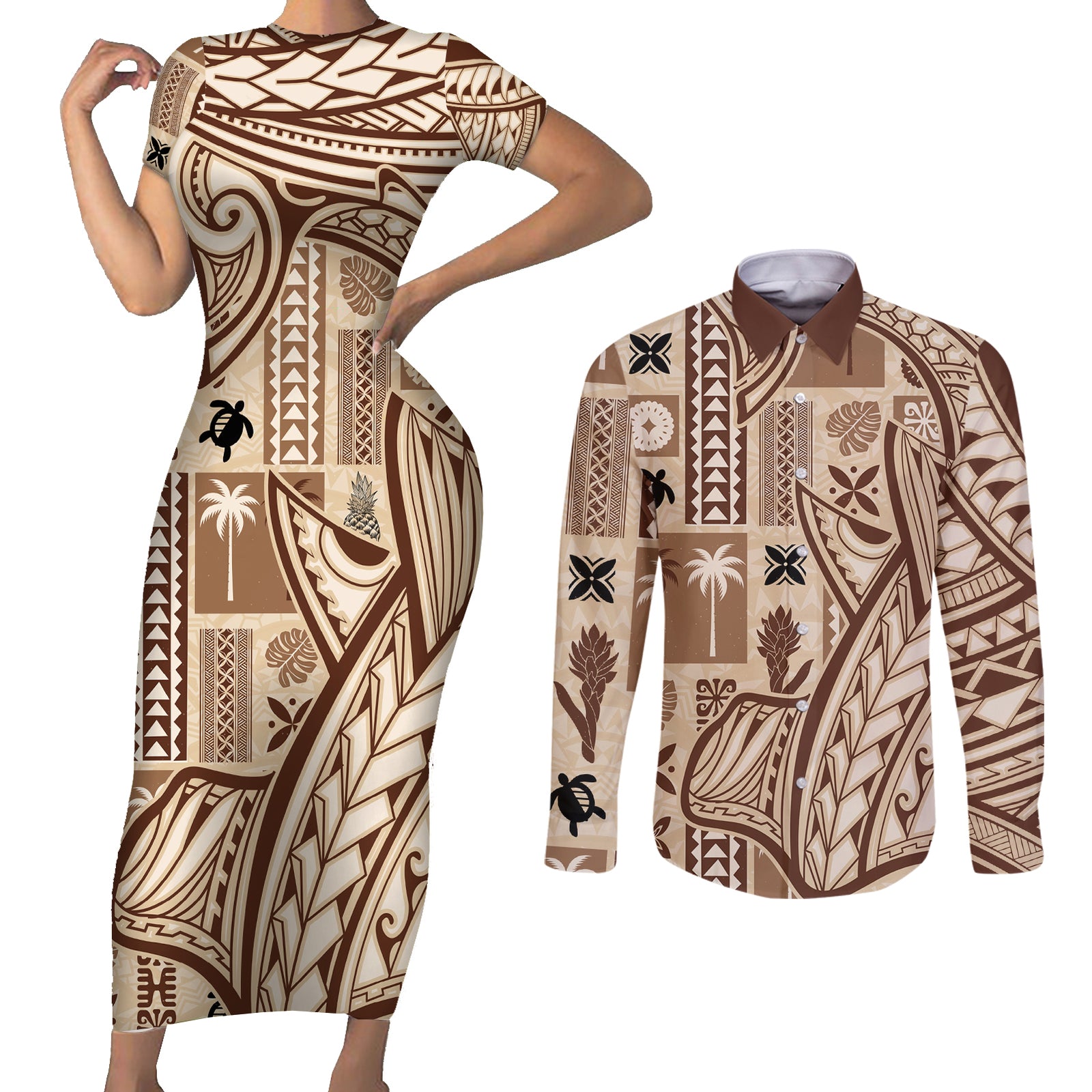 Samoa Tapa Couples Matching Short Sleeve Bodycon Dress and Long Sleeve Button Shirt Siapo Mix Tatau Patterns LT7 Beige - Polynesian Pride