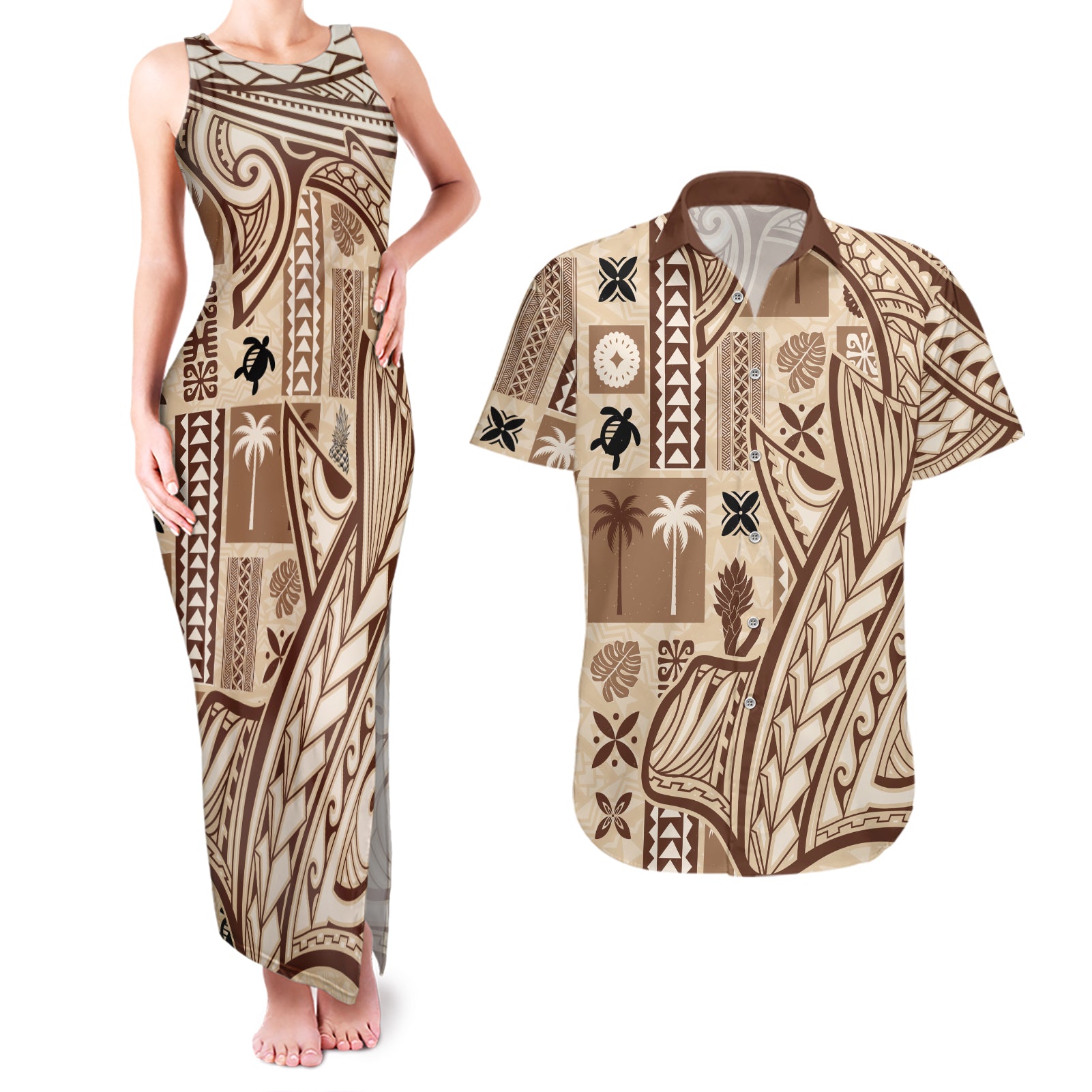 samoa-tapa-couples-matching-tank-maxi-dress-and-hawaiian-shirt-siapo-mix-tatau-patterns