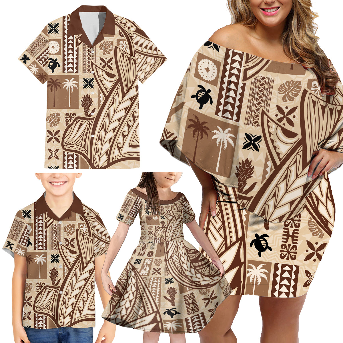 Samoa Tapa Family Matching Off Shoulder Short Dress and Hawaiian Shirt Siapo Mix Tatau Patterns LT7 - Polynesian Pride