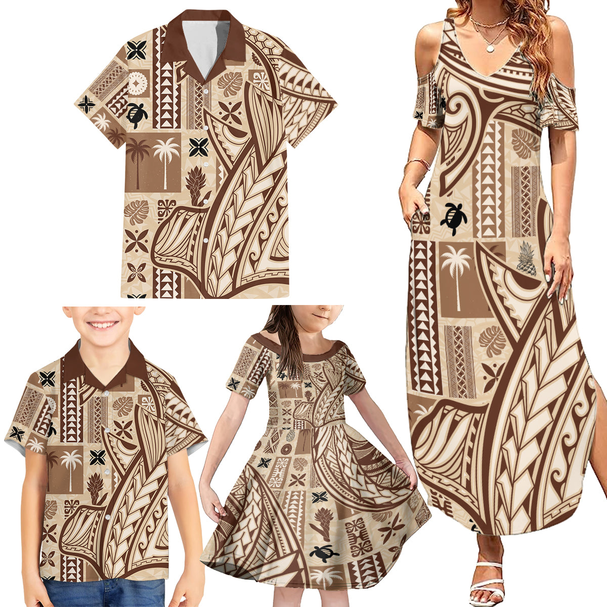 Samoa Tapa Family Matching Summer Maxi Dress and Hawaiian Shirt Siapo Mix Tatau Patterns LT7 - Polynesian Pride